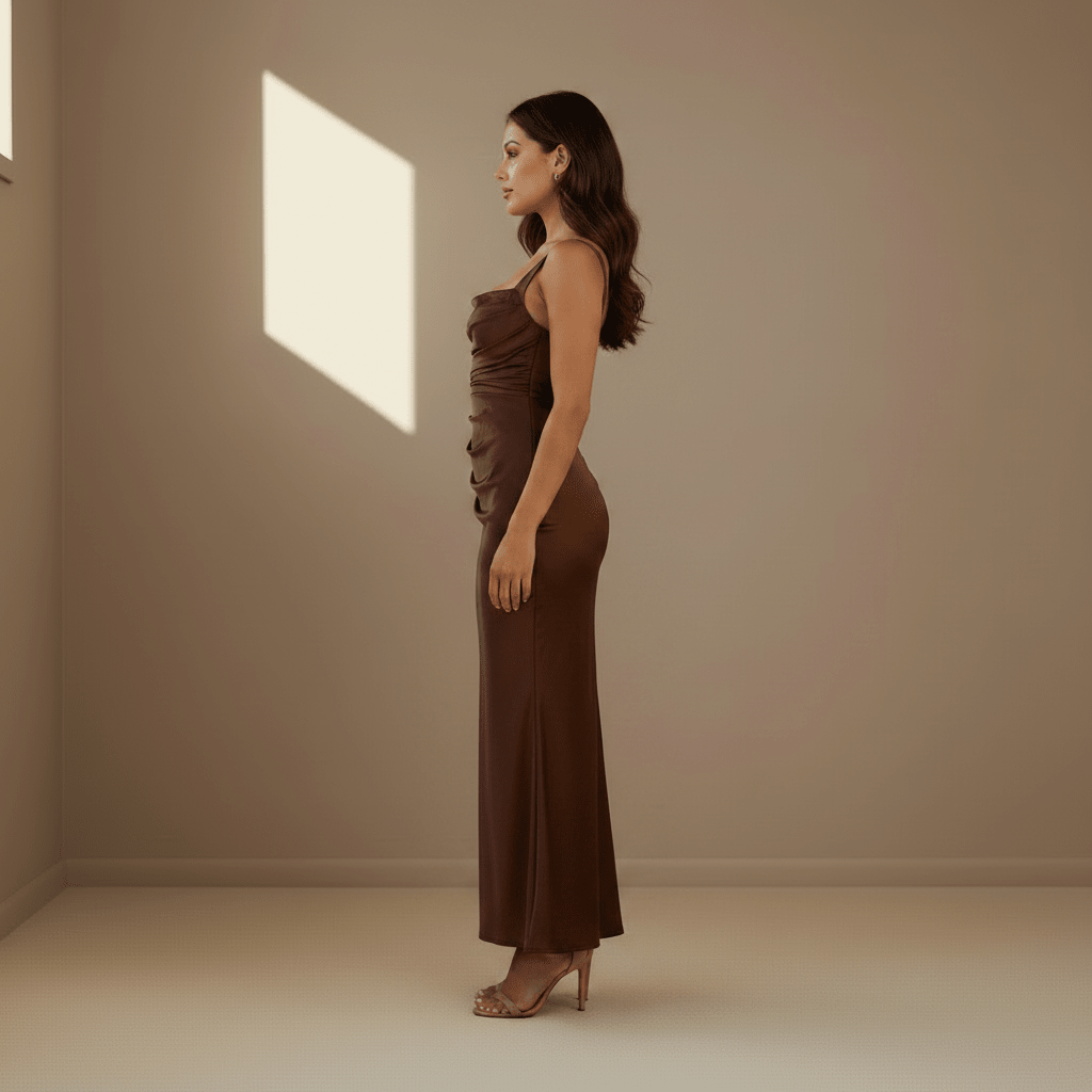 Brown ruched satin dress - Satinni