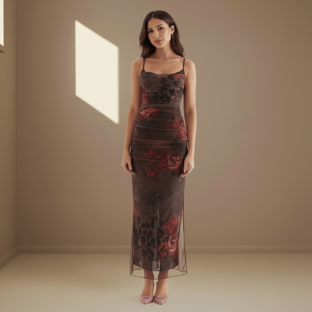 Burgundy floral satin dress - Satinni