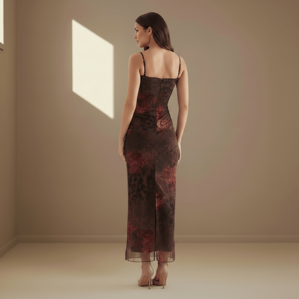 Burgundy floral satin dress - Satinni