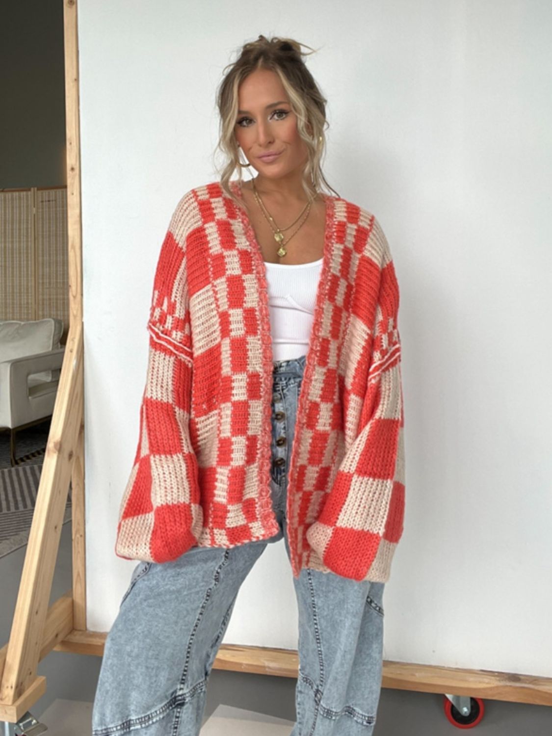 Plaid Long Sleeve Open Front Cardigan for Women - Cozy Knit Layering Piece