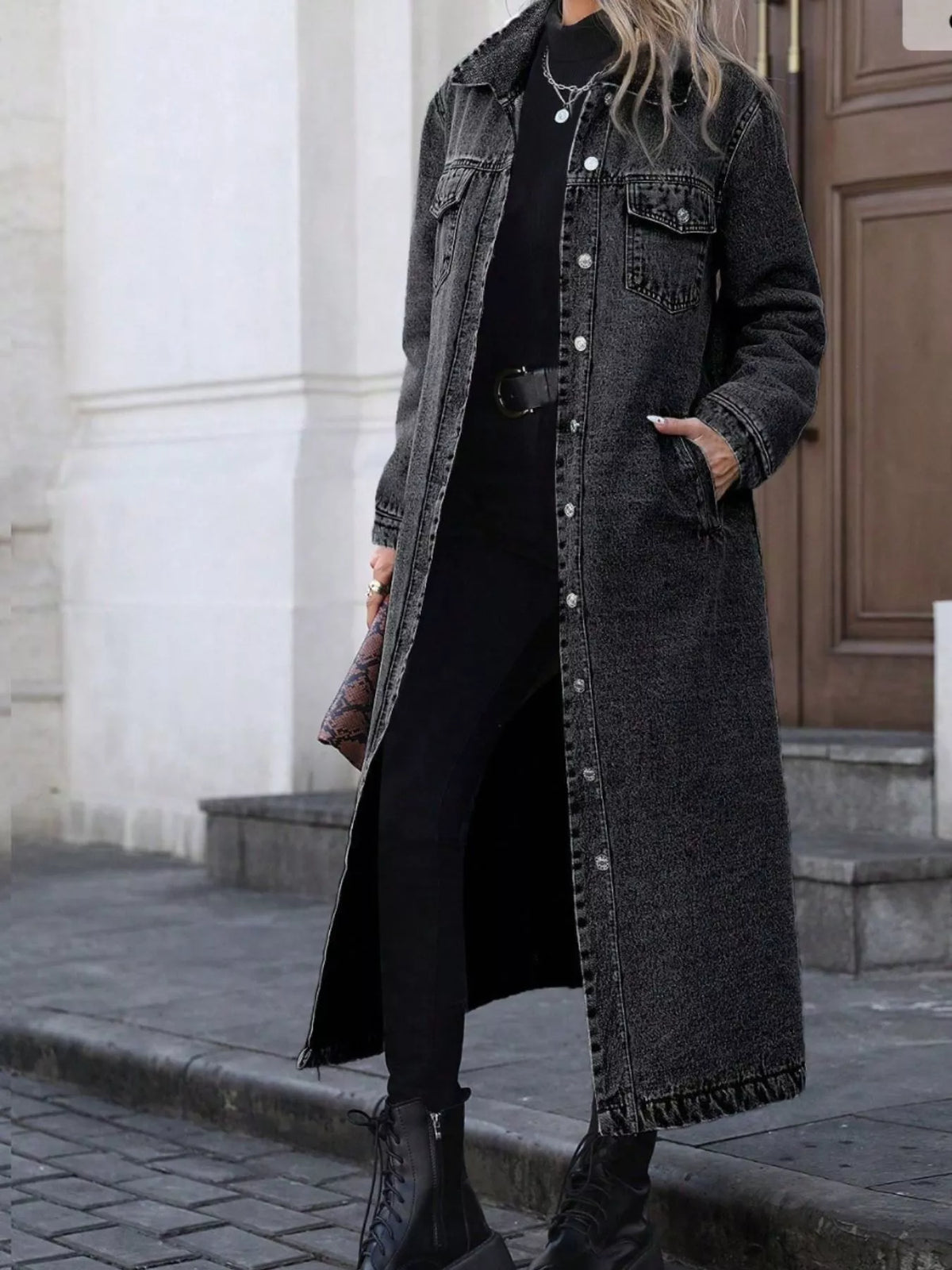 Denim Longline Jacket with Button Front for Casual Everyday Wear