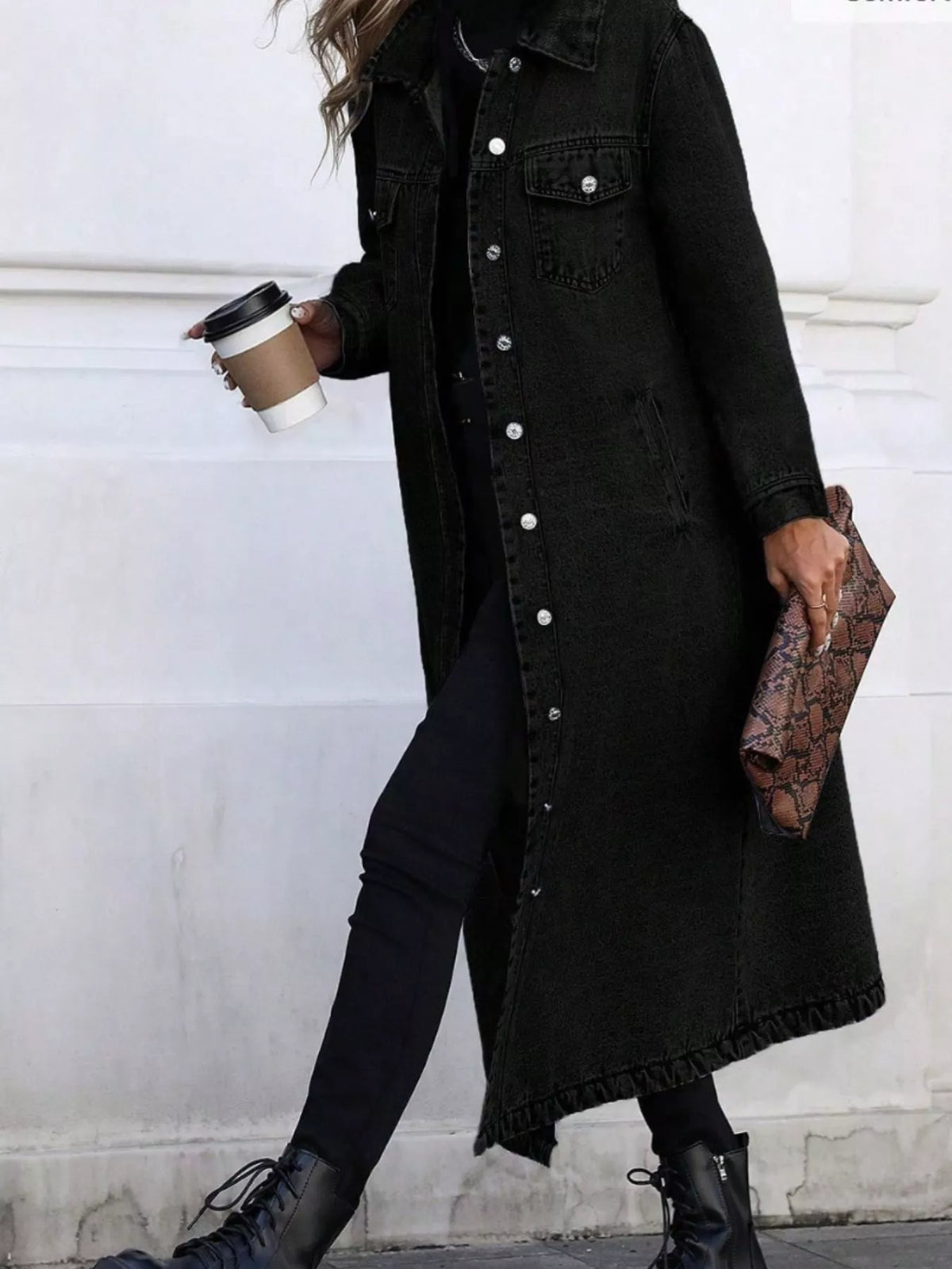 Denim Longline Jacket with Button Front for Casual Everyday Wear