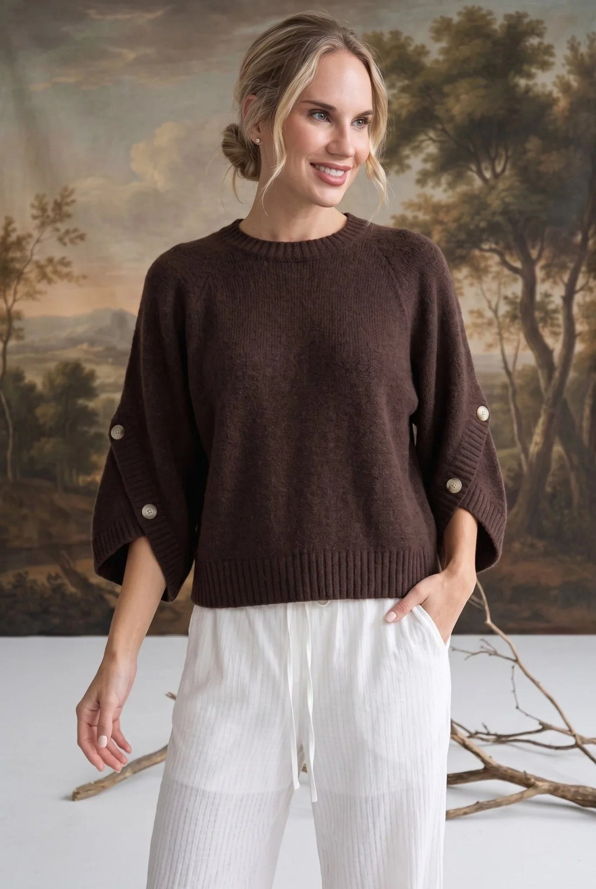 Women's Button Sleeve Top in Taupe – Elegant Casual Blouse, Long Sleeve, Everyday Wear
