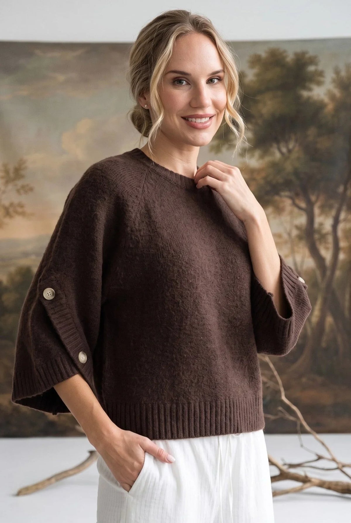 Women's Button Sleeve Top in Taupe – Elegant Casual Blouse, Long Sleeve, Everyday Wear