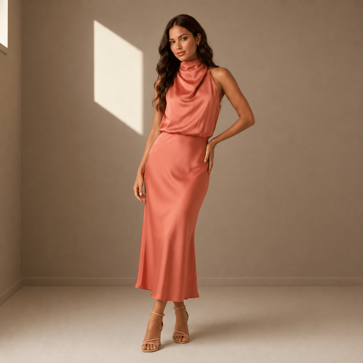 Coral satin dress - Satinni