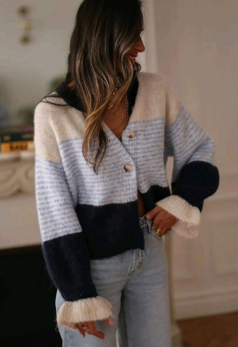 Striped Color-Blocked Knit Cardigan Sweater Jacket for Casual Wear