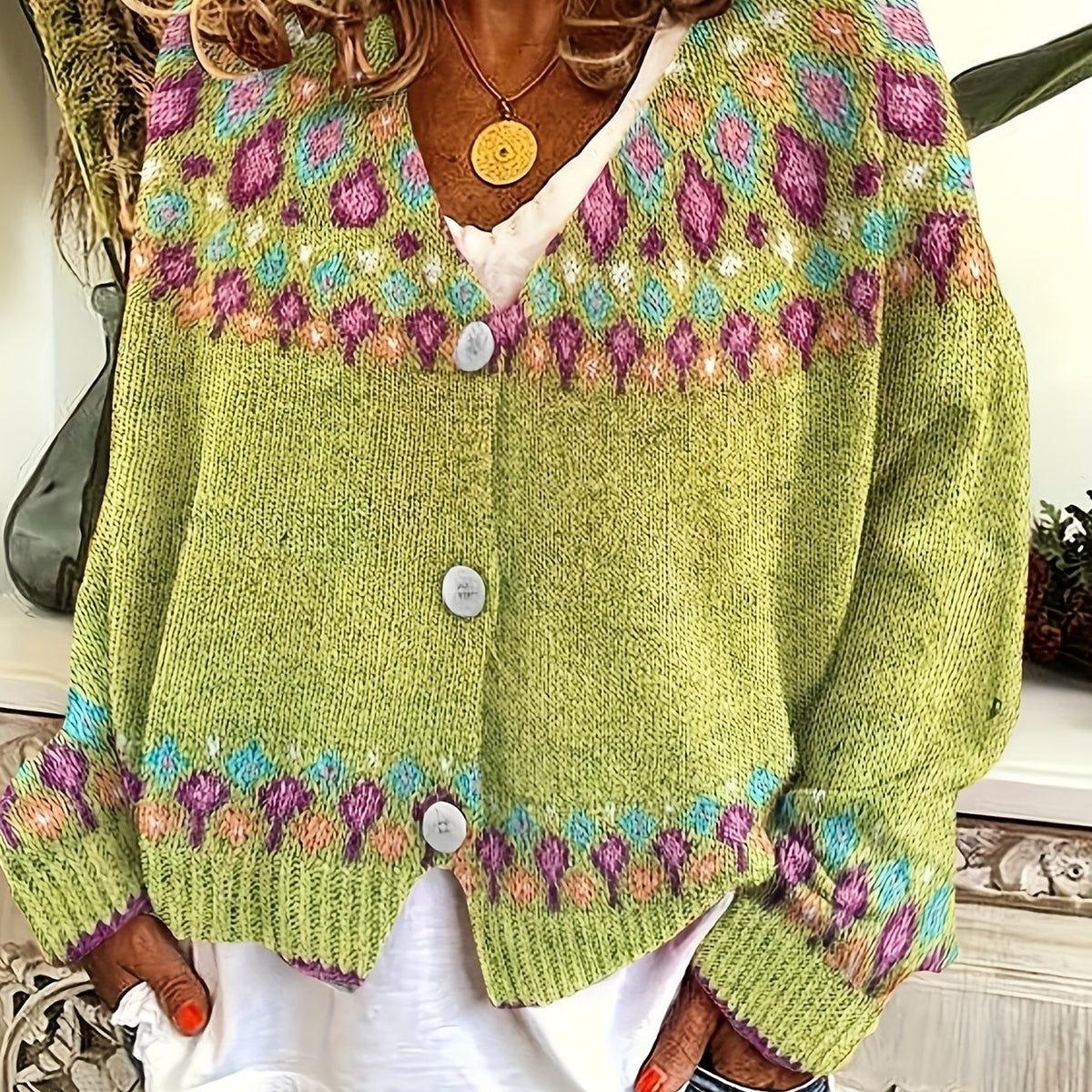 Nordic Patterned Cardigan in Soft Knit for Cozy Layering and Everyday Wear