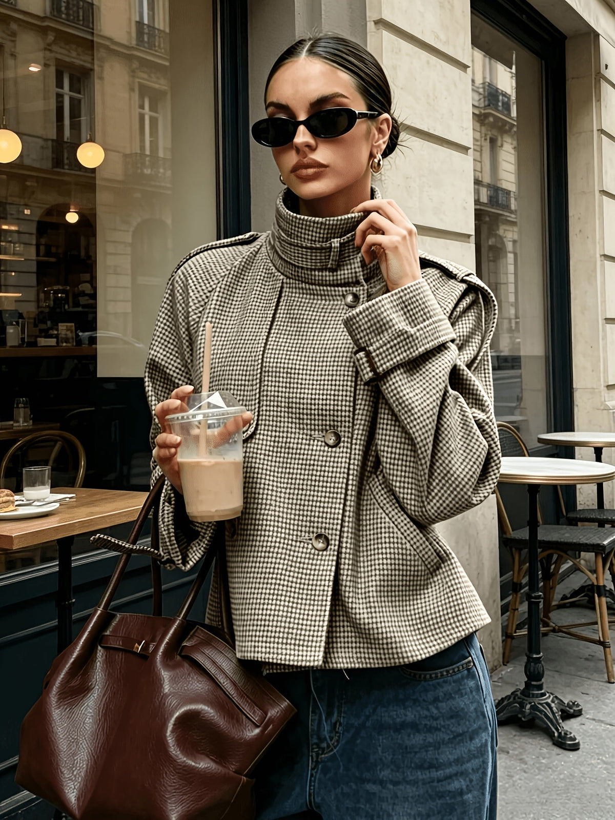 Houndstooth Stand-Collar Jacket | Women's Fashion Outerwear