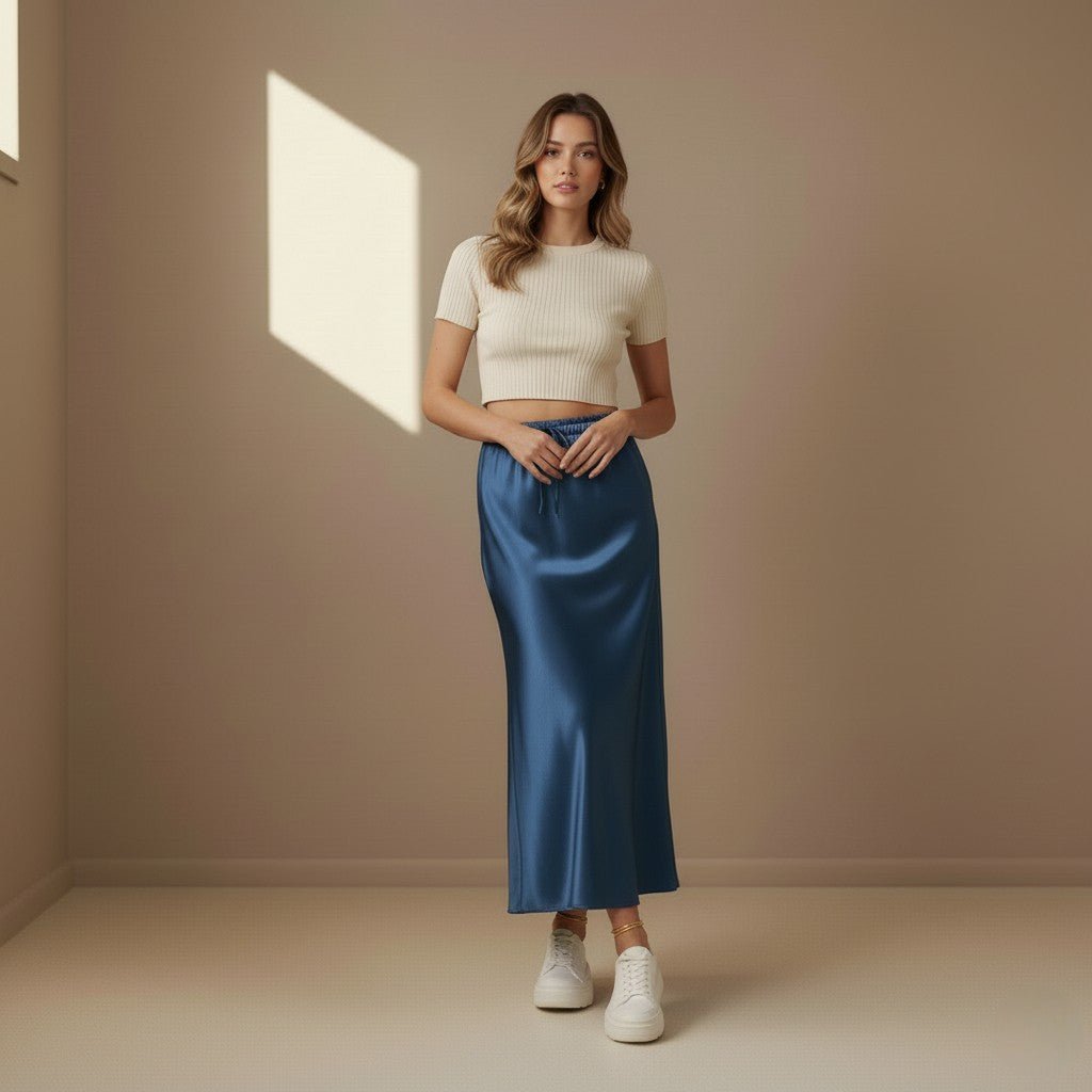 Dark Blue Satin Skirt - Satinni