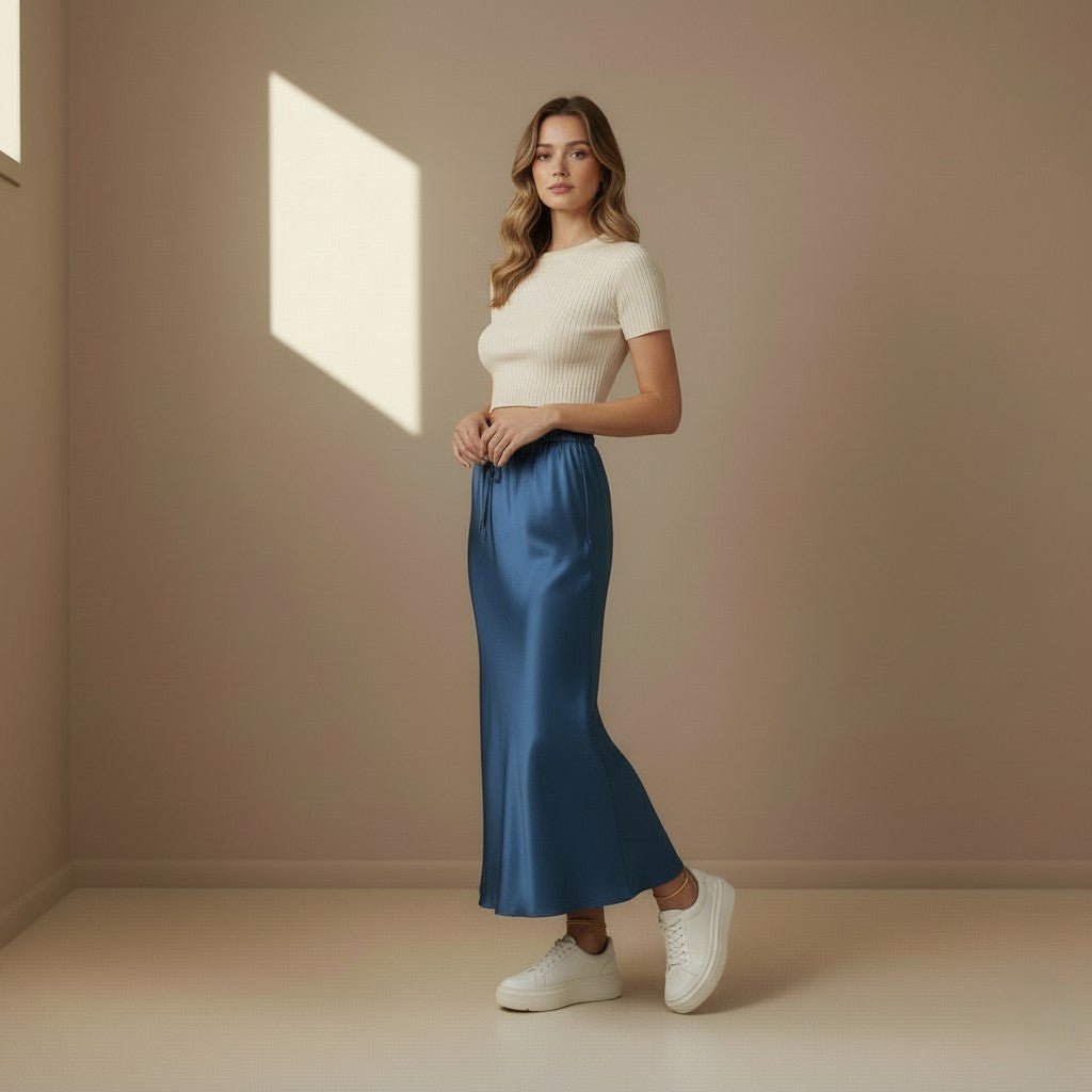 Dark Blue Satin Skirt - Satinni