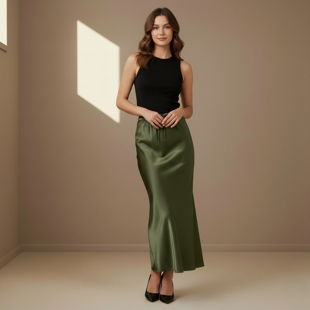 Dark Green Satin Skirt - Satinni
