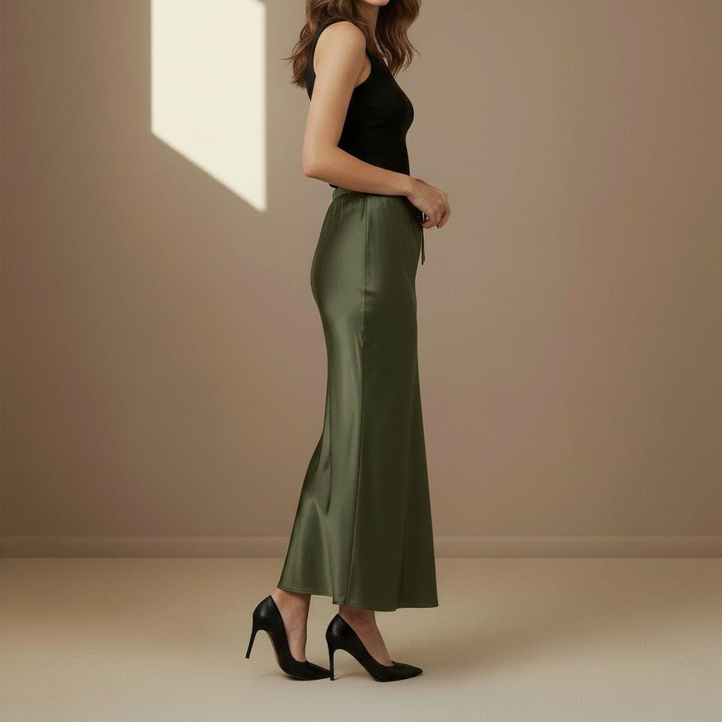 Dark Green Satin Skirt - Satinni