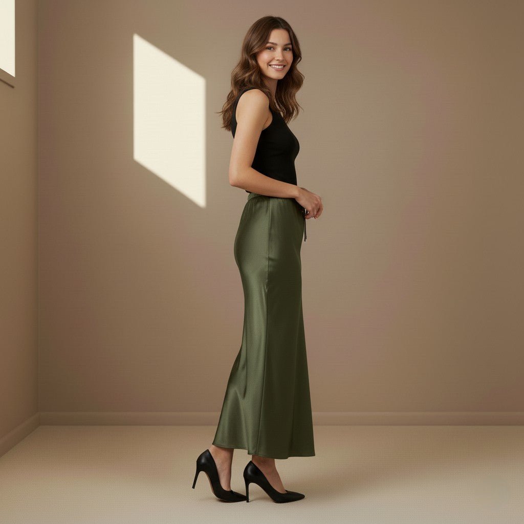 Dark Green Satin Skirt - Satinni