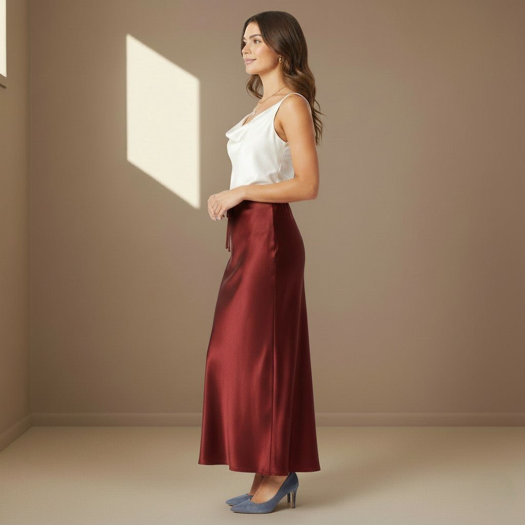 Dark Red Satin Skirt - Satinni