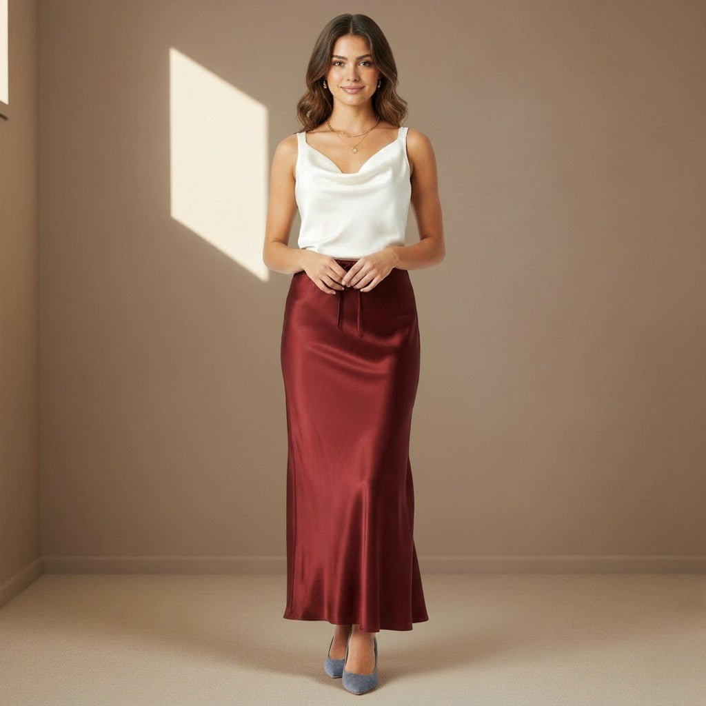 Dark Red Satin Skirt - Satinni