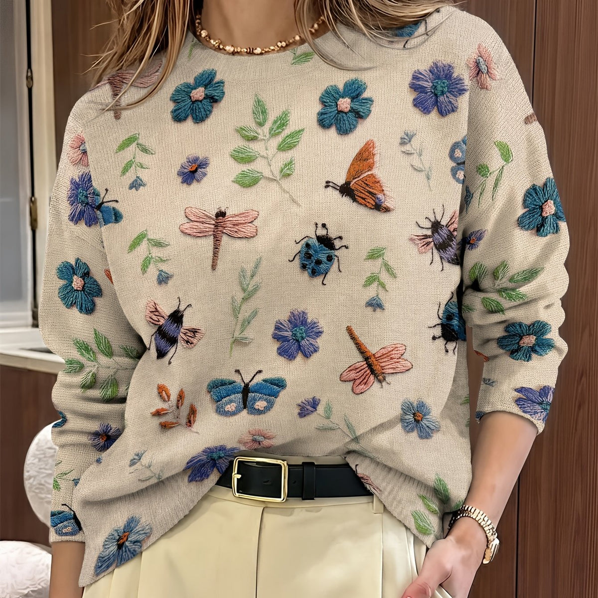 Botanical Print Crewneck Sweater | Soft Knit Fabric | Women's Casual Wear