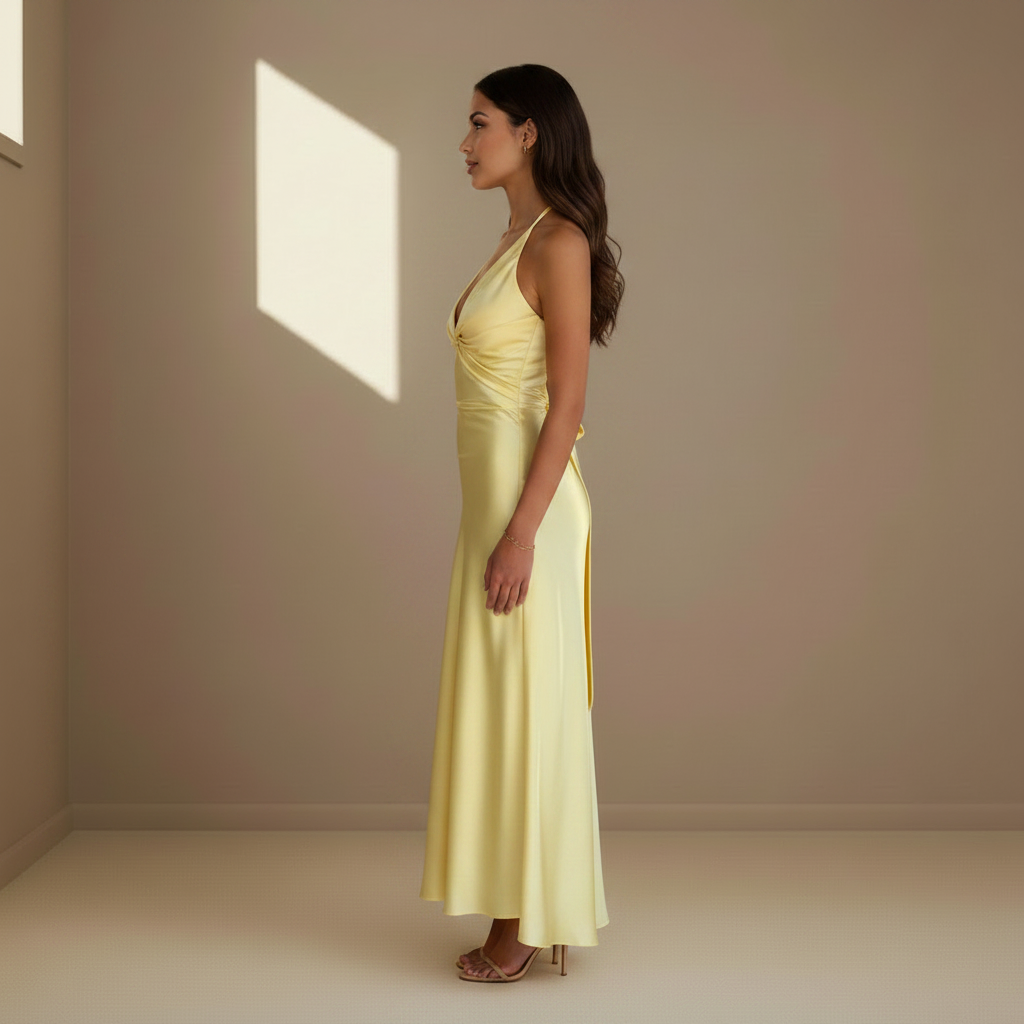 Butter yellow satin maxi dress side profile