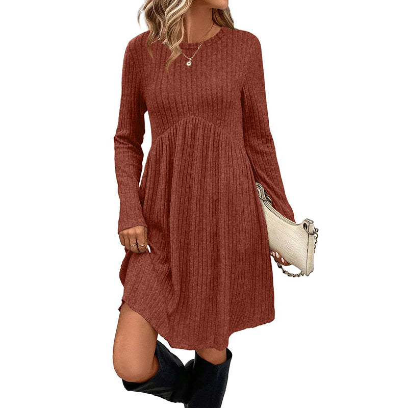 Women's Long Sleeve Knit Dress, Solid Color, Round Neck – Casual, Spring/Fall