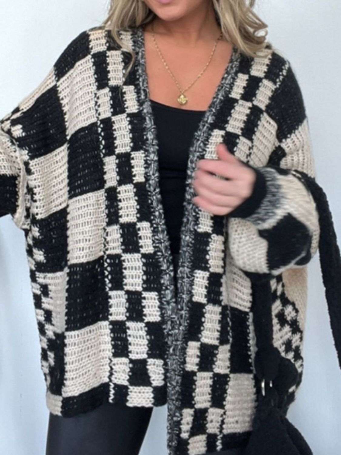 Plaid Long Sleeve Open Front Cardigan for Women - Cozy Knit Layering Piece