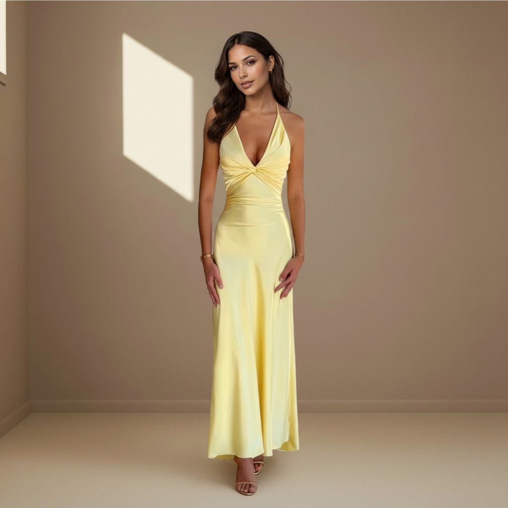 Butter yellow satin maxi dress front - twist front open back wedding guest dress by Satinni