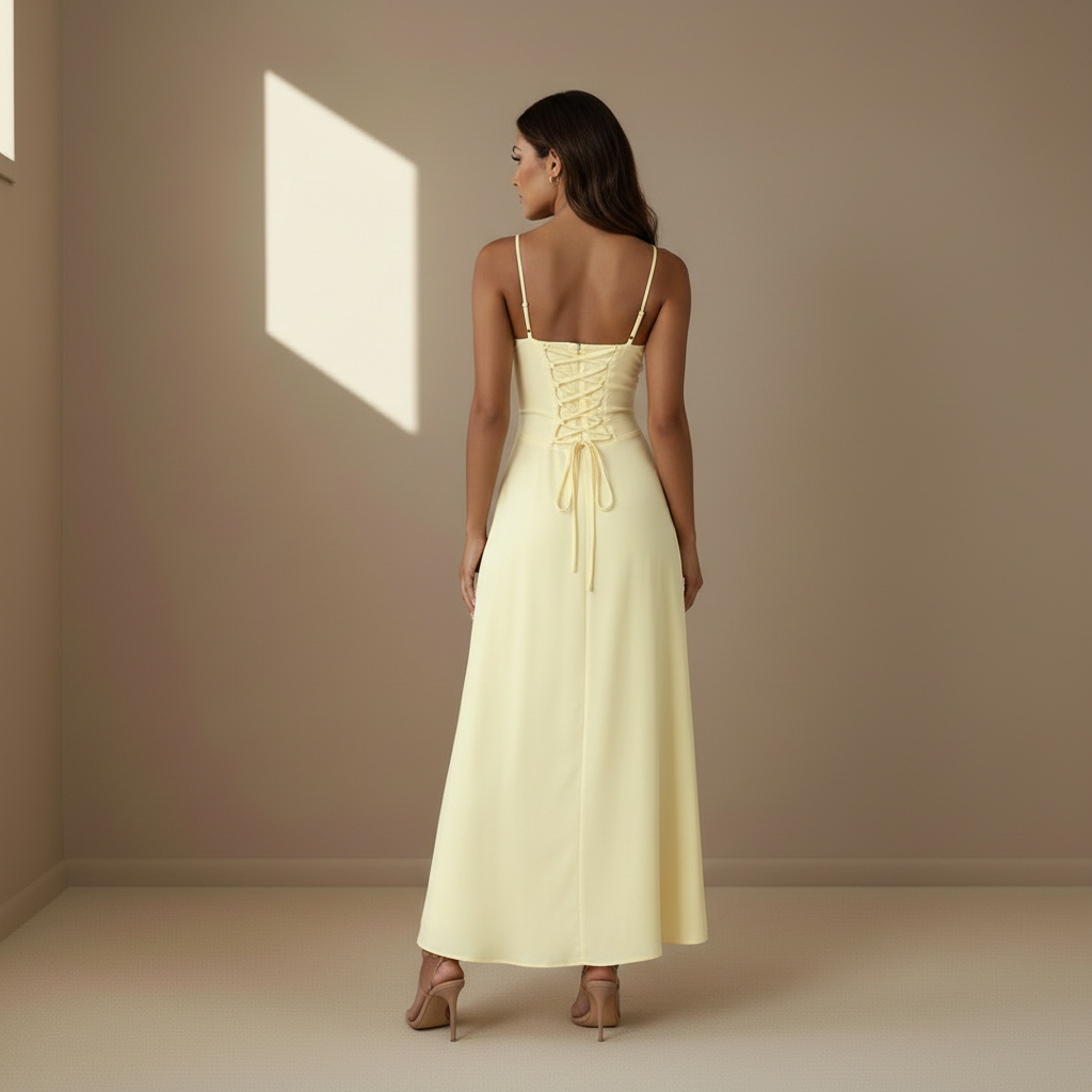 Yellow satin maxi dress, back view showing the criss-cross lace-up corset back