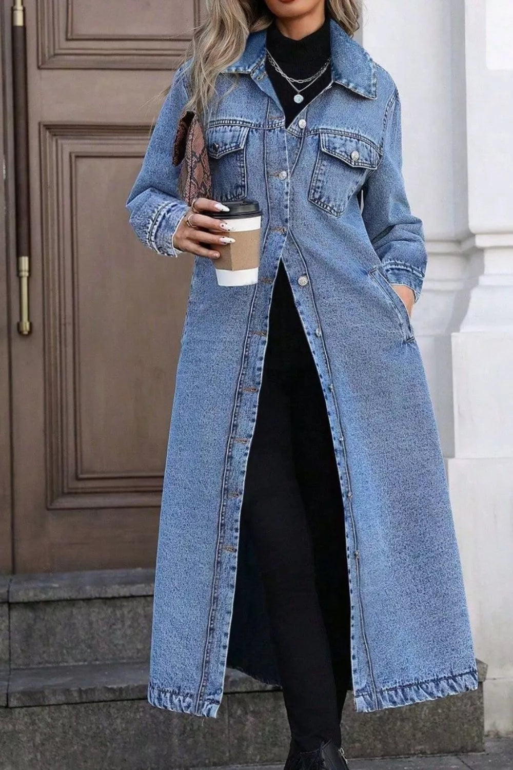 Denim Longline Jacket with Button Front for Casual Everyday Wear