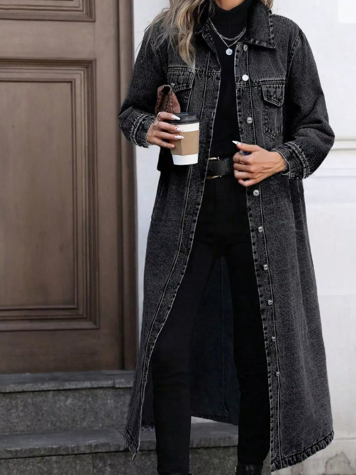 Denim Longline Jacket with Button Front for Casual Everyday Wear
