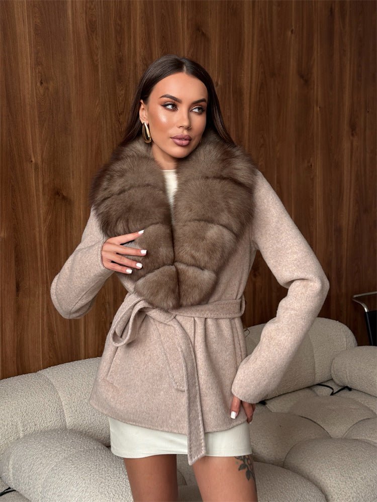 Faux Fur Collar Tie-Waist Wool Coat for Women - Autumn/Winter Outerwear - Satinni