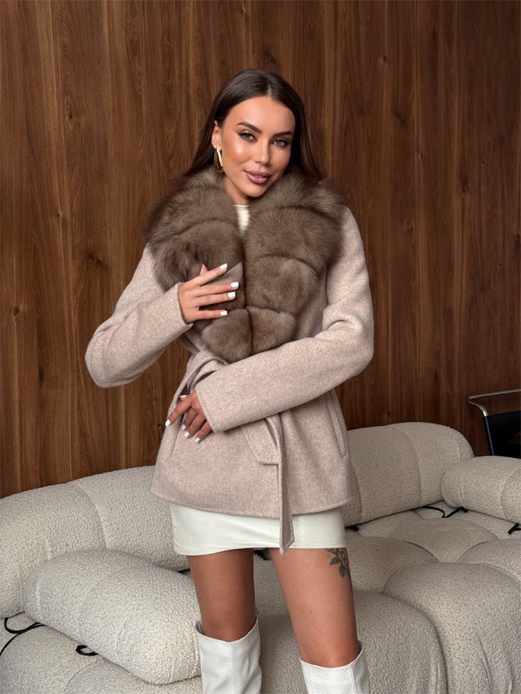 Faux Fur Collar Tie-Waist Wool Coat for Women - Autumn/Winter Outerwear - Satinni