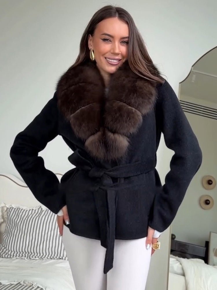 Faux Fur Collar Tie-Waist Wool Coat for Women - Autumn/Winter Outerwear - Satinni