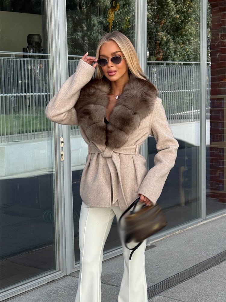Faux Fur Collar Tie-Waist Wool Coat for Women - Autumn/Winter Outerwear - Satinni