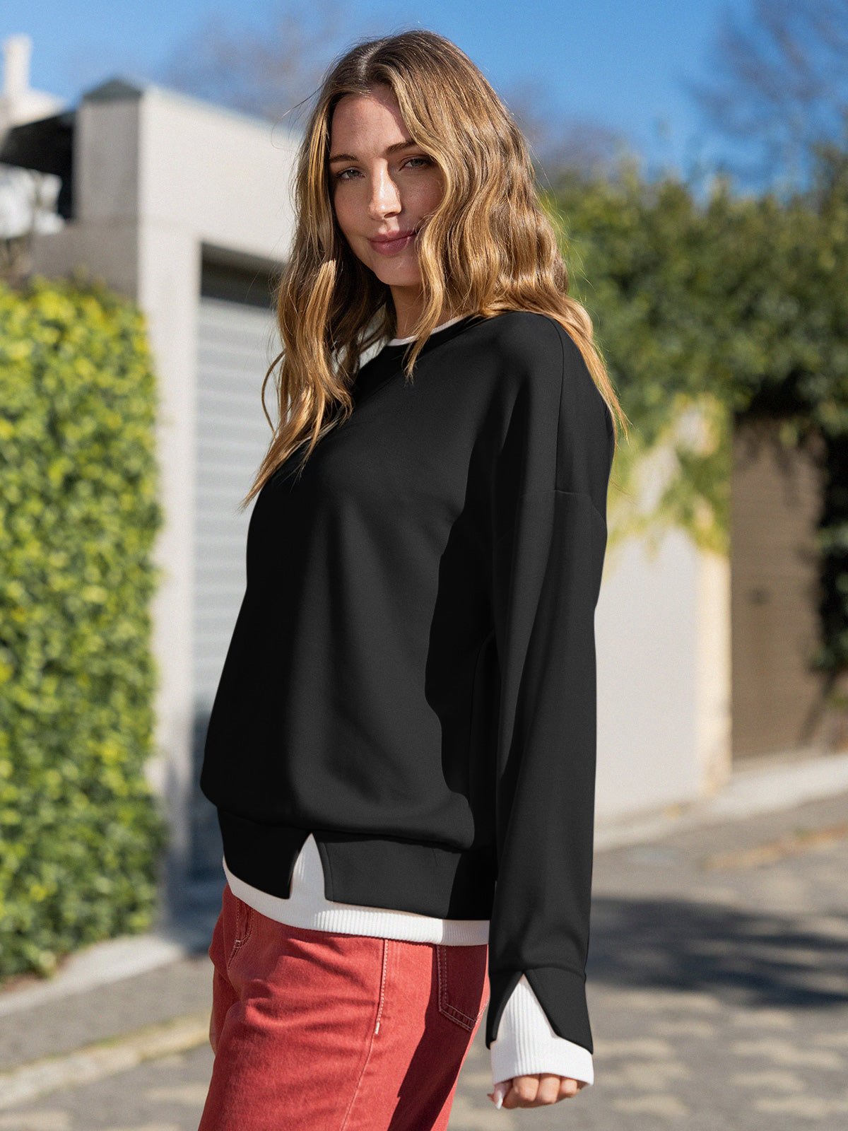 Faux Layered Oversized Sweatshirt for Women - Cozy Casual Wear - Satinni