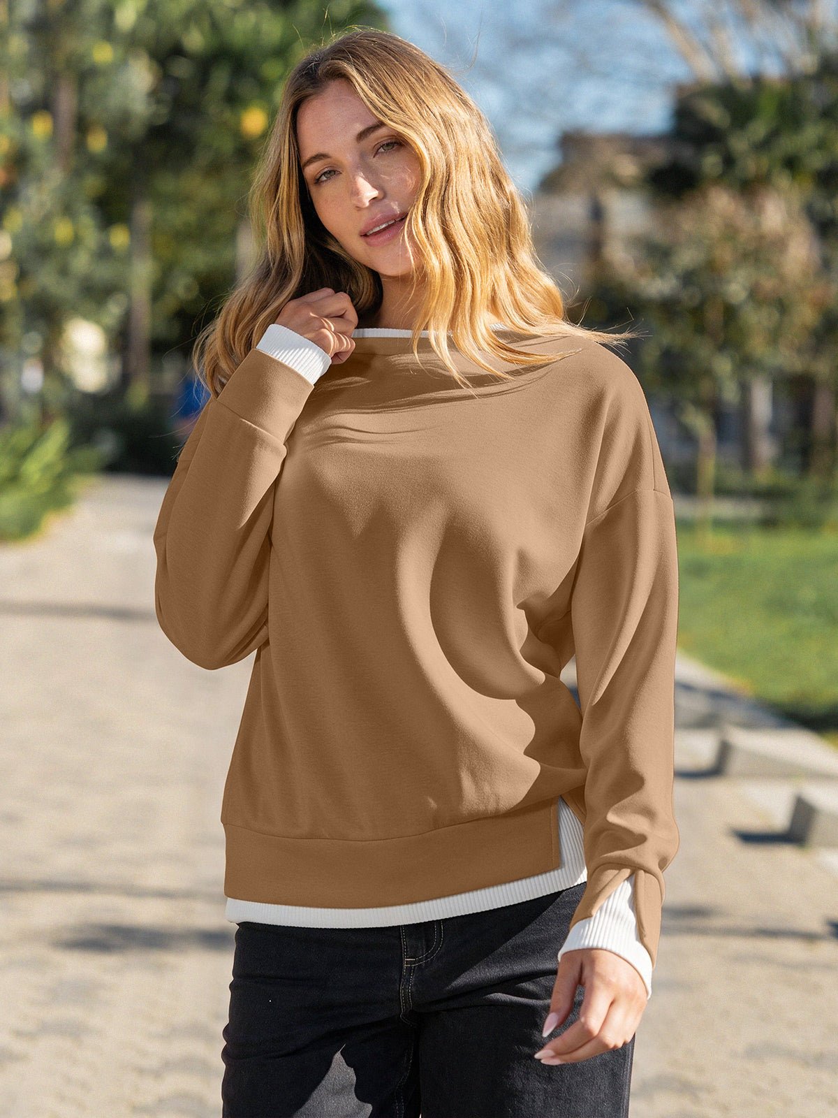 Faux Layered Oversized Sweatshirt for Women - Cozy Casual Wear - Satinni