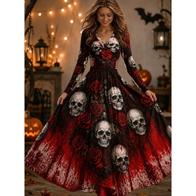 Halloween Skeleton Print Maxi Dress | Comfortable Cotton Fabric | Women's Costume Dress