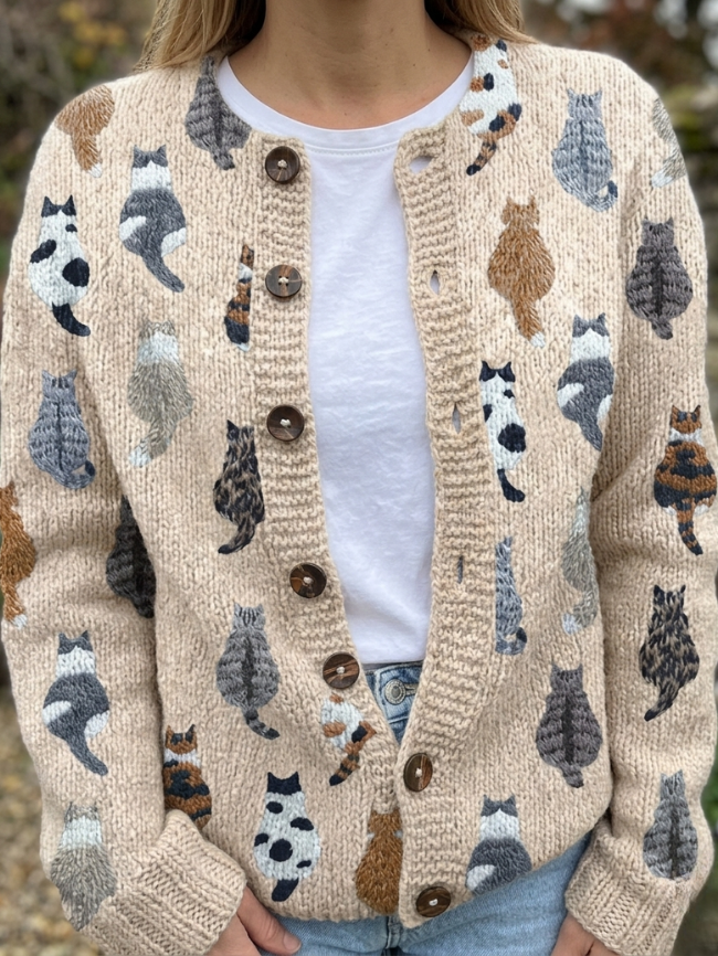 Soft Cat Pattern Cardigan for Women | Stylish and Cozy Knitwear