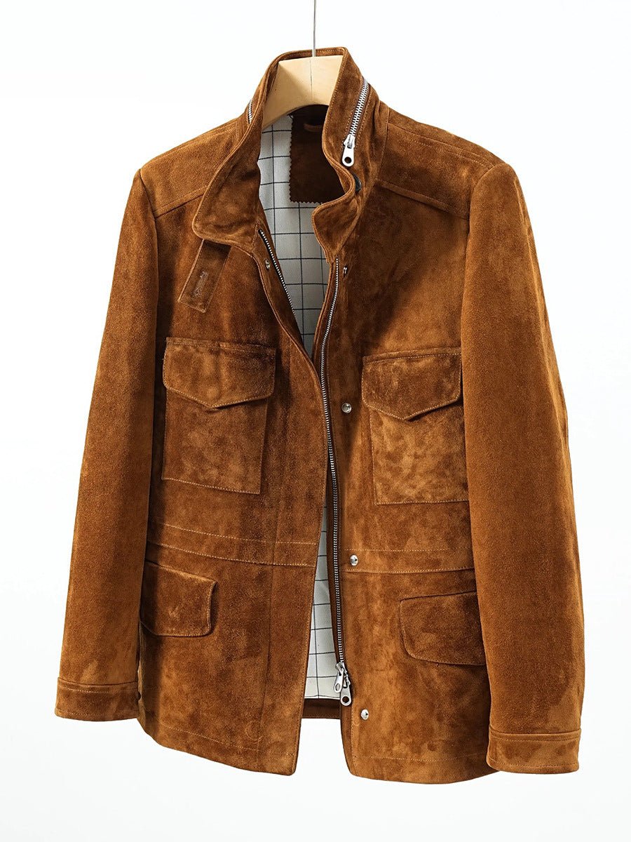 Genuine Goatskin Suede Mid-Length Leather Jacket for Men and Women - Satinni