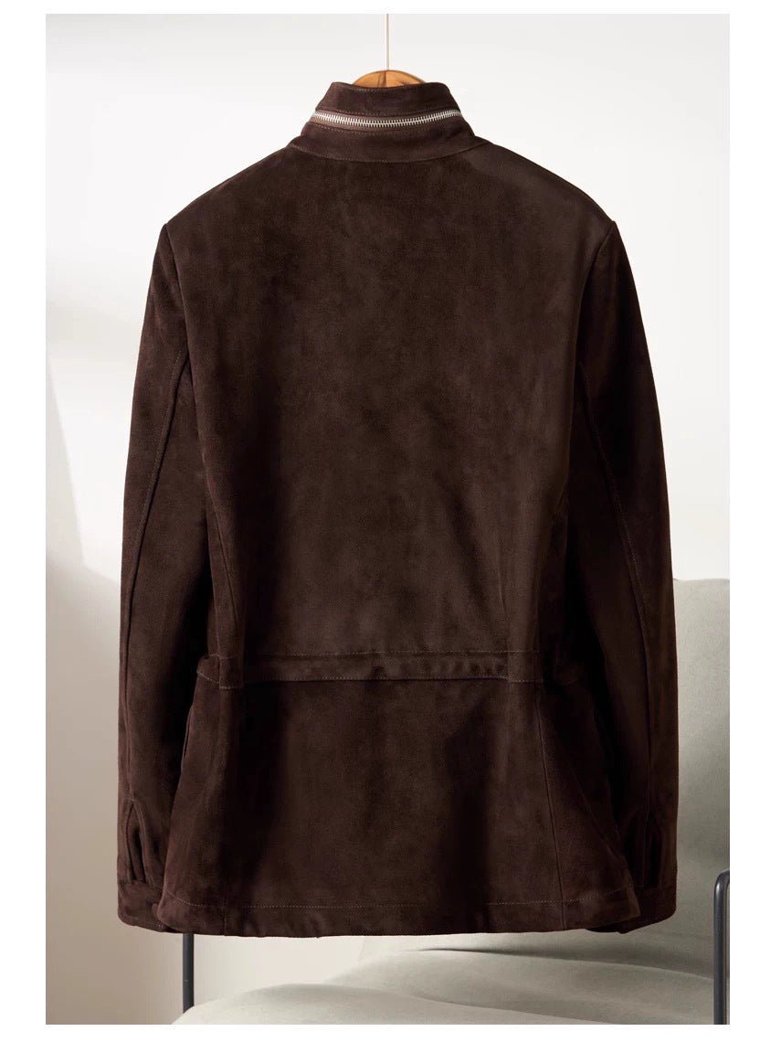 Genuine Goatskin Suede Mid-Length Leather Jacket for Men and Women - Satinni