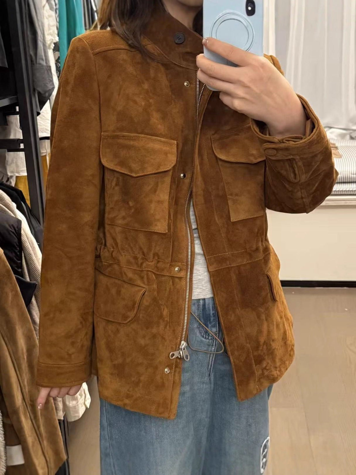 Genuine Goatskin Suede Mid-Length Leather Jacket for Men and Women - Satinni