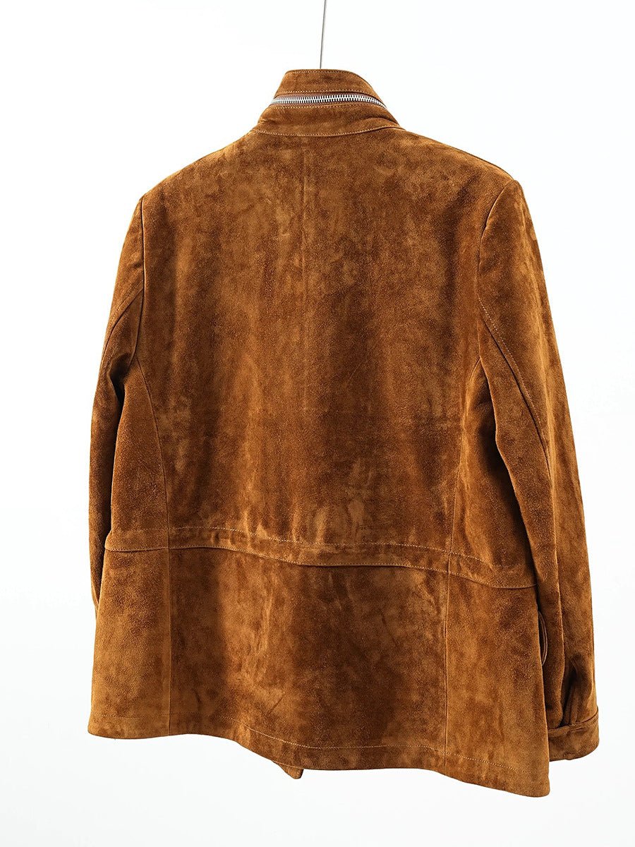 Genuine Goatskin Suede Mid-Length Leather Jacket for Men and Women - Satinni