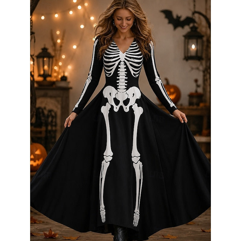 Halloween Skeleton Print Maxi Dress | Comfortable Cotton Fabric | Women's Costume Dress