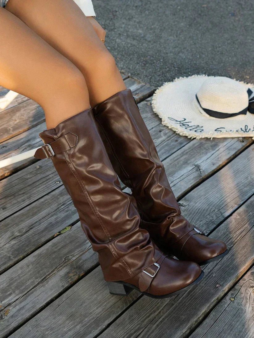 High-Quality Vegan Leather Knee-High Boots with Buckle Detail for Women - Satinni