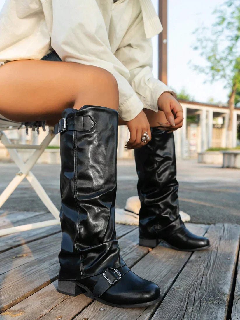 High-Quality Vegan Leather Knee-High Boots with Buckle Detail for Women - Satinni
