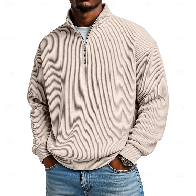 Ribbed Quarter-Zip Pullover for Men - Soft Fabric, Casual Style, Versatile Wear