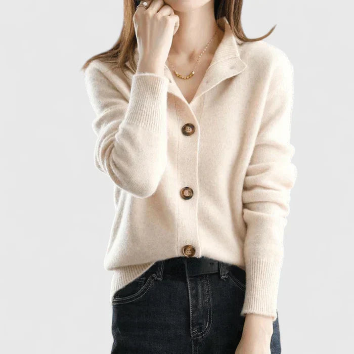 Refined Collared Cardigan - Soft Knit Fabric - Women's Casual Sweater