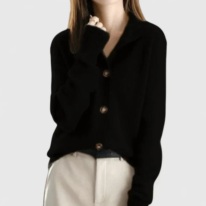 Refined Collared Cardigan - Soft Knit Fabric - Women's Casual Sweater