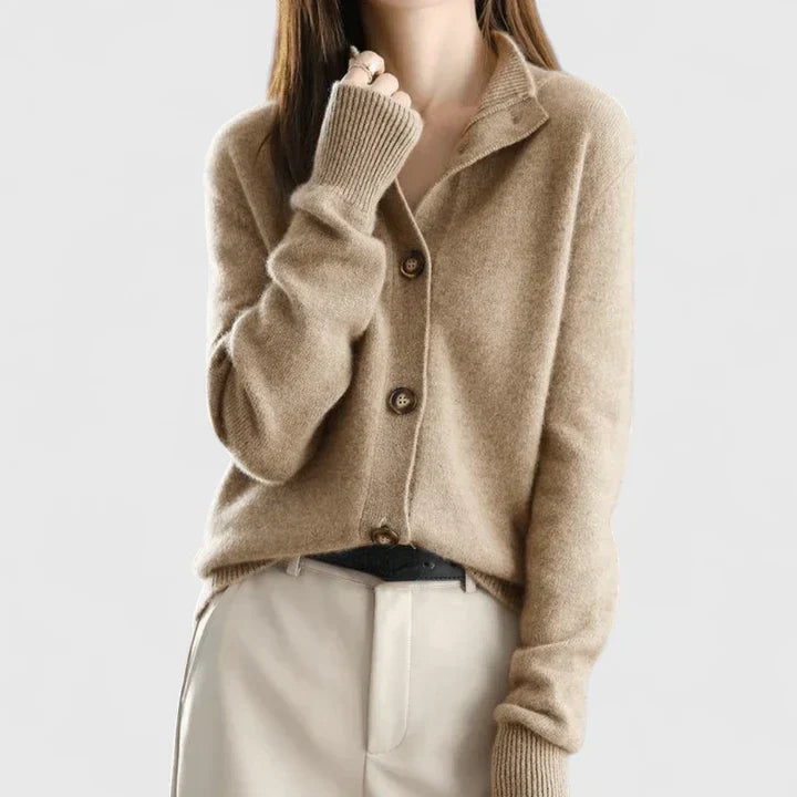 Refined Collared Cardigan - Soft Knit Fabric - Women's Casual Sweater