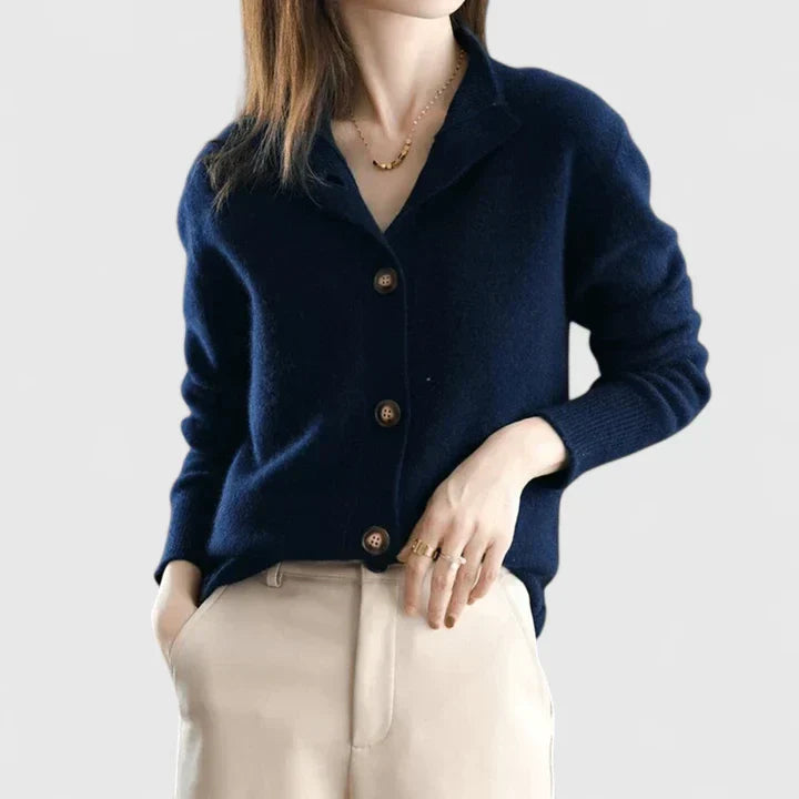 Refined Collared Cardigan - Soft Knit Fabric - Women's Casual Sweater