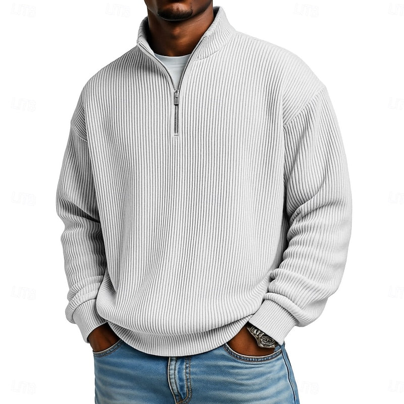Ribbed Quarter-Zip Pullover for Men - Soft Fabric, Casual Style, Versatile Wear