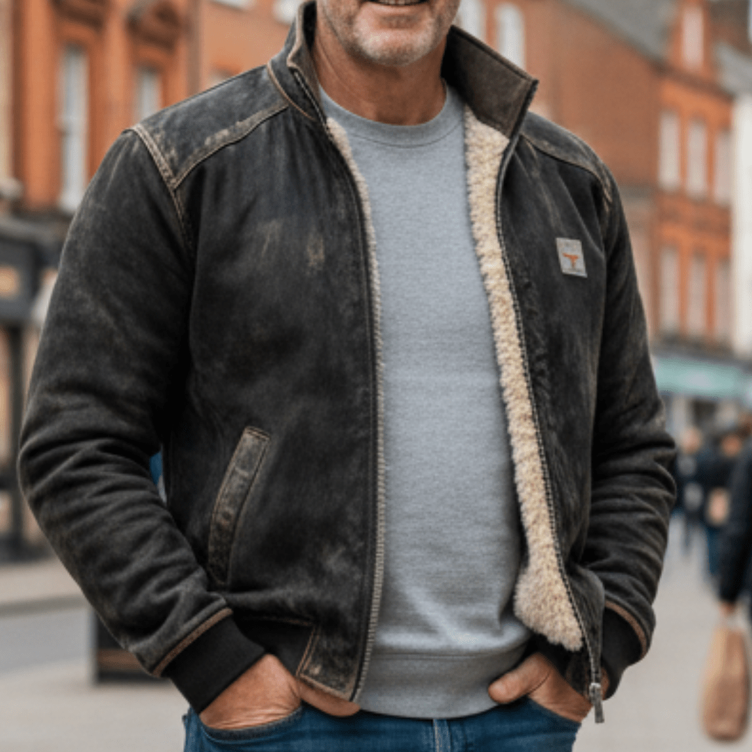 Men's Vintage Leather Jacket with Fluffy Lining - Warm and Soft for Casual Wear - Satinni