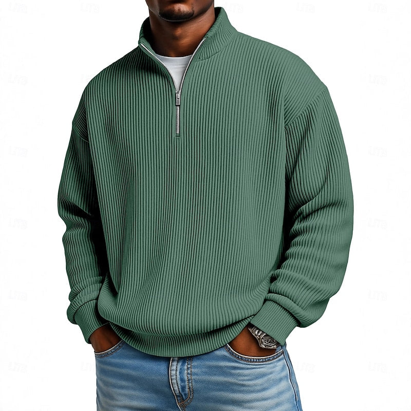 Ribbed Quarter-Zip Pullover for Men - Soft Fabric, Casual Style, Versatile Wear